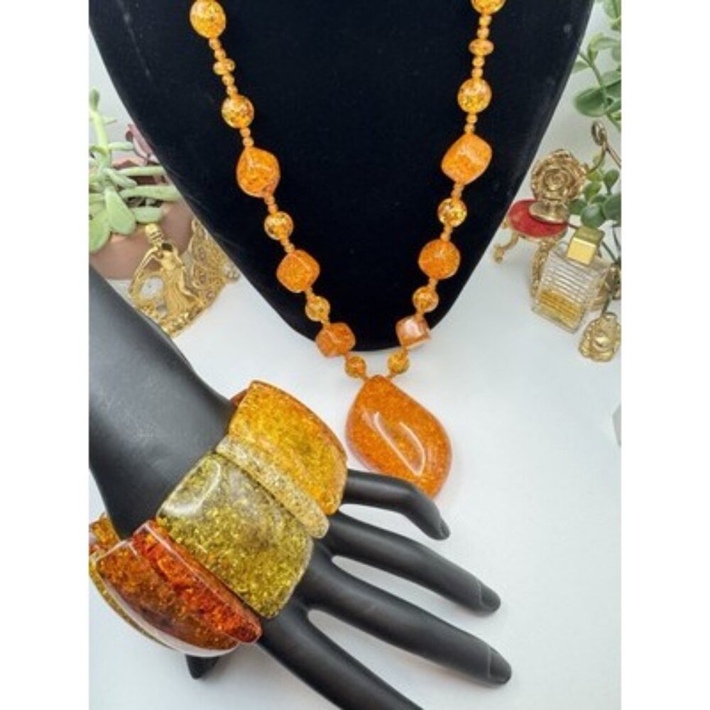 Chunky Ambar Lucite Necklace & Bracelet Large Glitter Set ArtDeco Styel 3 Tones